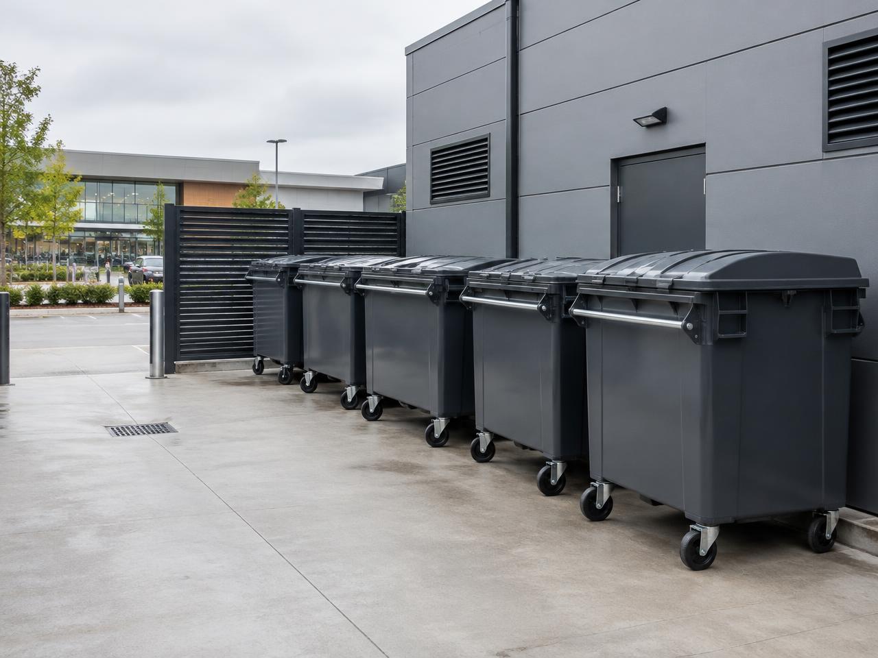 Commercial waste bins lined up behind a shopping centre