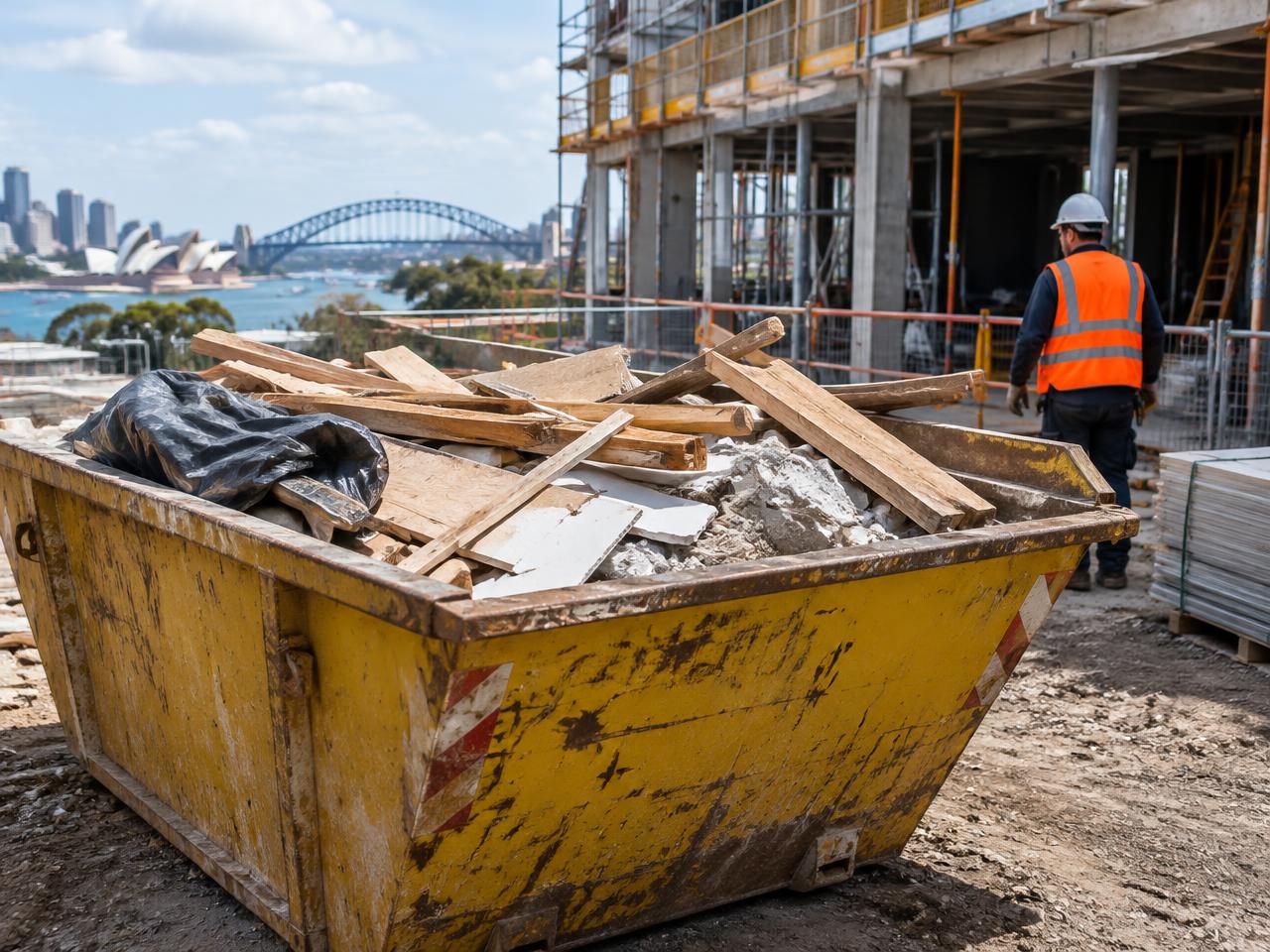 Construction site waste bin filled with timber and debris in Sydney